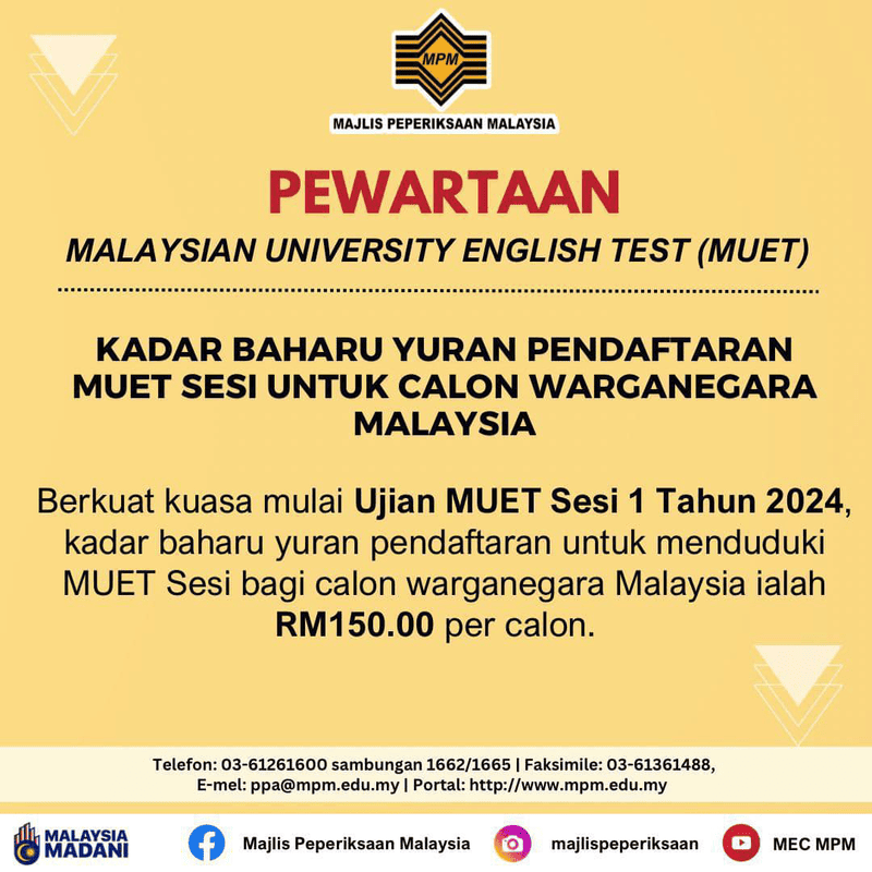 pewartaan kadar yuran baharu muet